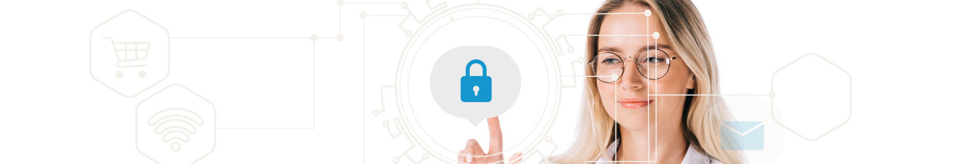 portrait of smiling woman in formal wear pointing at cyber security sign